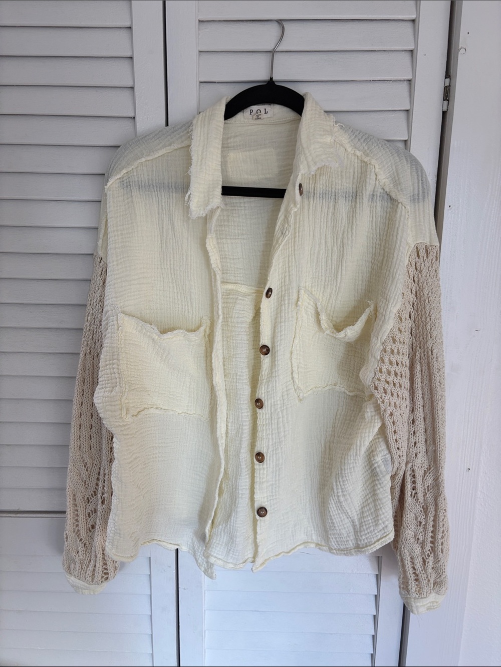 POL Cream Button-Up Jacket with Knit Beige Sleeves